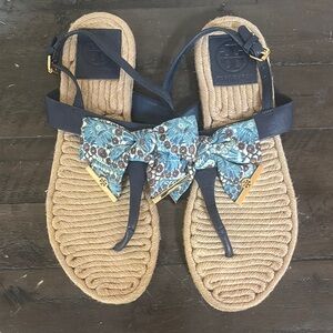Tory Burch Blue Floral Bow Sandals